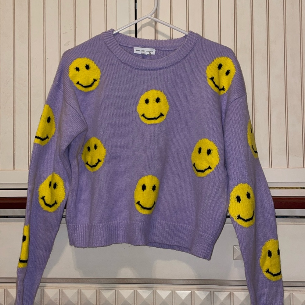 Grey Lab Sweaters Purple Smiley Face Sweater. Size XS